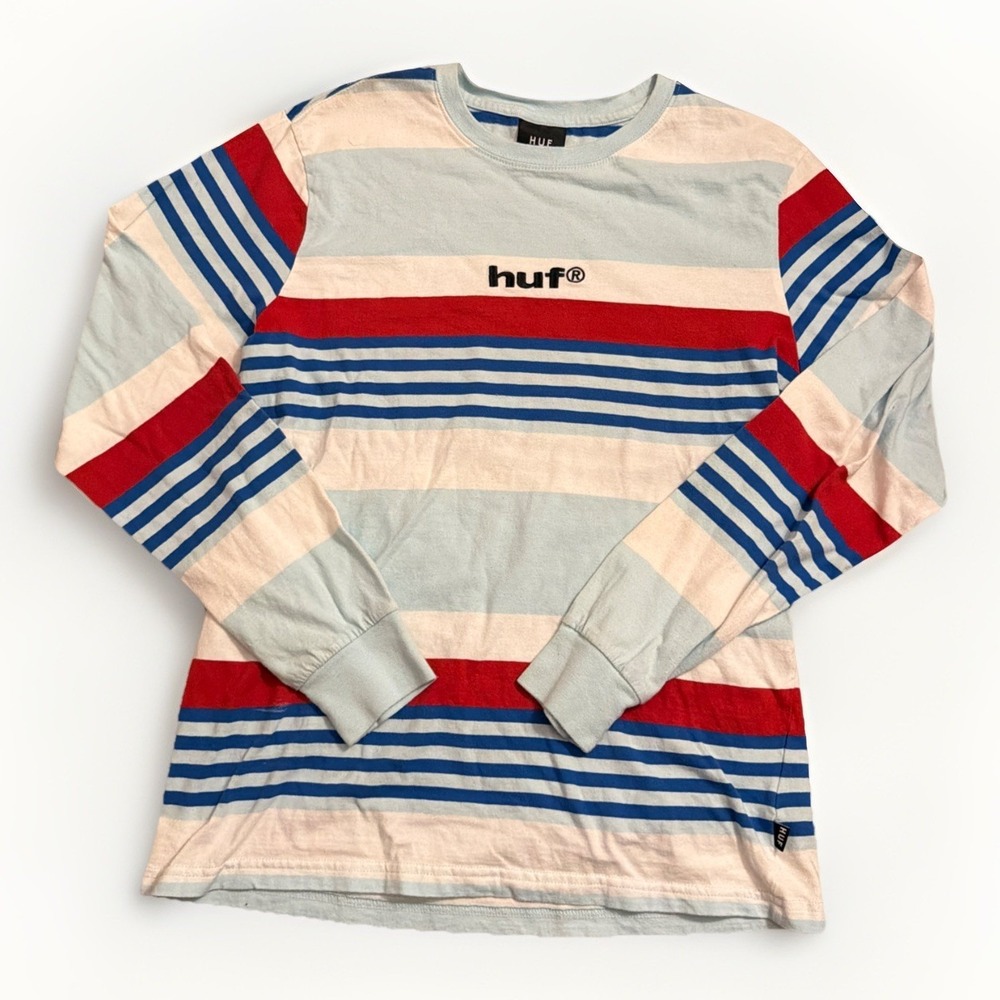 huf Long Sleeve T-Shirt Red White And Blue Embroidered Logo Size Medium Striped